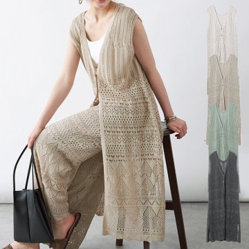 前後2WAY透かし編みロングジレ|トップス|レディース