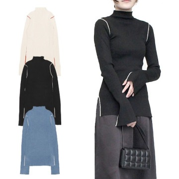 E綿タッチバイカラーニットトップス|トップス|レディース