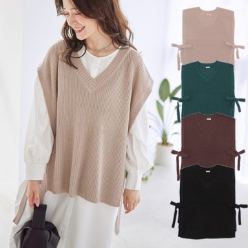 ざっくり編みサイドリボンニットベスト|トップス|レディース