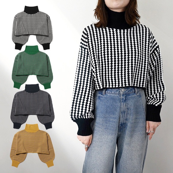 ジオメトリック柄ニットクロップドプルオーバー | レディース,トップス