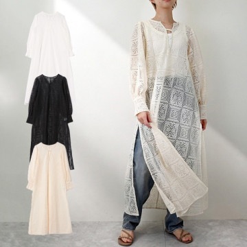 ブロックレースボリュームスリーブスリットワンピース|ワンピース・ドレス|レディース