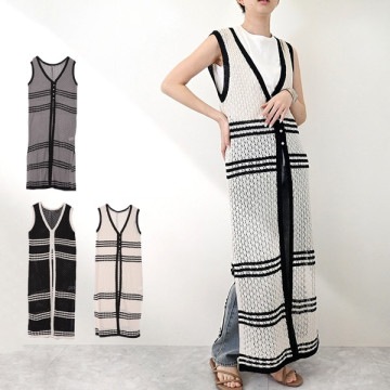 A麻タッチクロシェ編みニットロングジレ|トップス|レディース