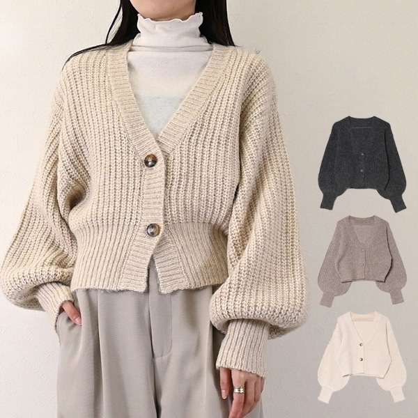肩畦編みショート丈ニットカーディガン | レディース,トップス