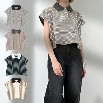 マルチボーダーポロカラーノースリーブTシャツ|トップス|レディース