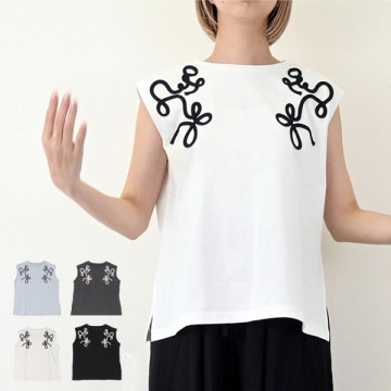 天竺コード刺繍フレンチTシャツ|トップス|レディース