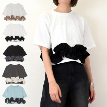 天竺×タフタフリルドッキングTシャツ|トップス|レディース