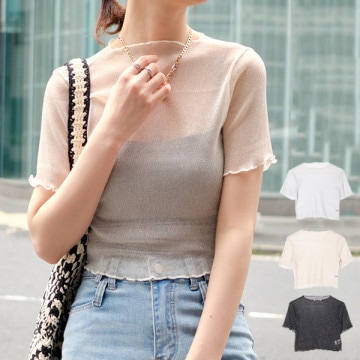 ショート丈メロウ加工ラメシアーTシャツ|トップス|レディース