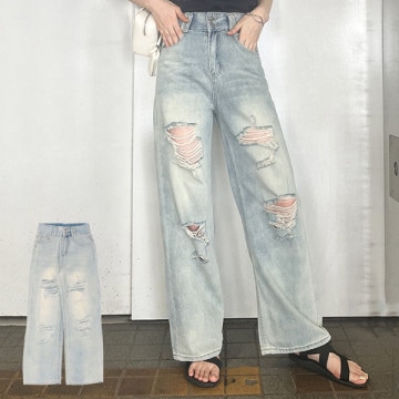 ハイウエスダメージデニムパンツ|パンツ|レディース
