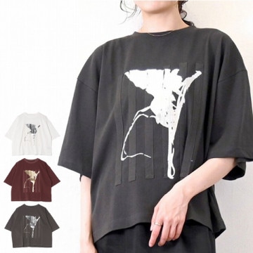 天竺ニュアンス箔プリントTシャツ|トップス|レディース
