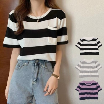 ワイドボーダー柄半袖Tシャツ|トップス|レディース