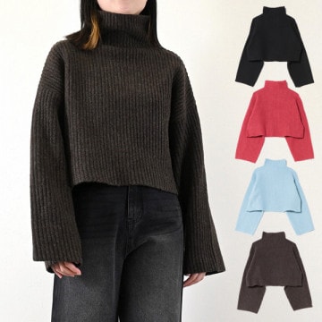 ソリッドストライプニットボトルネックショートプルオーバー|トップス|レディース