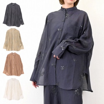 楊柳スパンコール刺繍ポケット付きシャツ|トップス|レディース