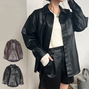 フェイクレザーオーバーサイズシャツ|トップス|レディース