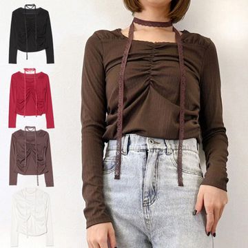 針抜きリブレースタイ付きトップス|トップス|レディース