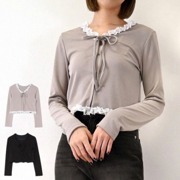 針抜きリブフリルレースカーディガン|トップス|レディース