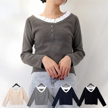 フリル付きヘンリーネックニットトップス|トップス|レディース