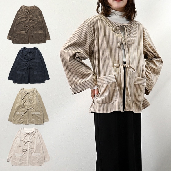 ストライプコーデュロイフロントリボンブラウス | レディース,トップス