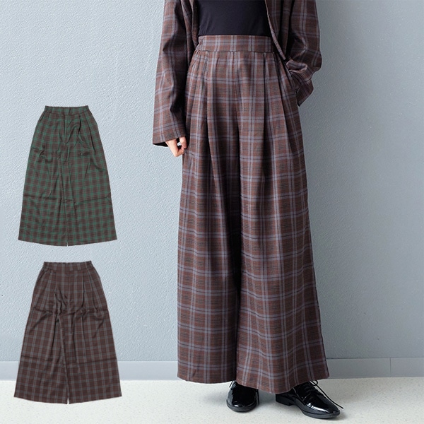 45R チェック柄　リネンタックワイドパンツ　ロングキュロット　サイズ2 45R チェック柄 リネンタックワイドパンツ ロングキュロット