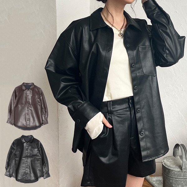 フェイクレザーオーバーサイズシャツ | レディース,トップス