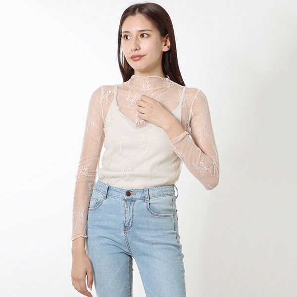 レース刺繍シアーハイネックトップス | レディース,トップス