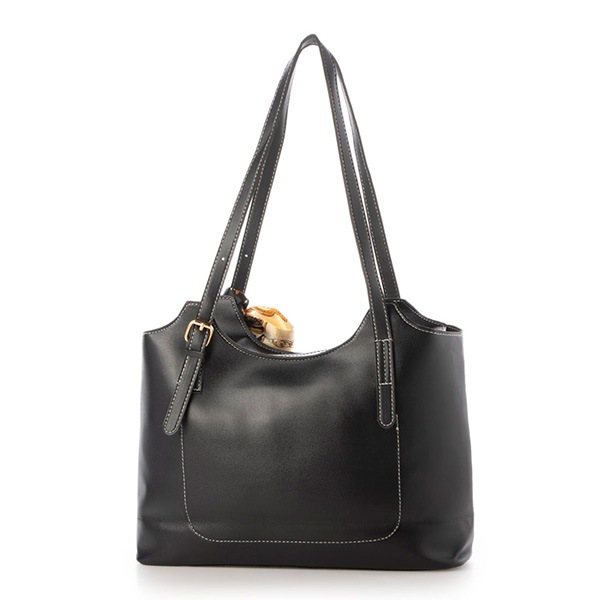 黒 レザー風 トートバッグ サイドストラップ付き トートバッグ ポーチ付 ダブルストラップ フェイクレザートート