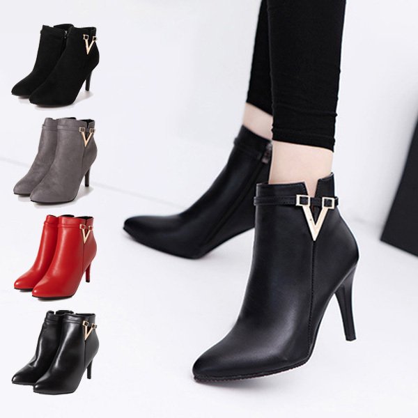 Vカットサイドファスナーピンヒールショートブーツ レディース シューズ ブーツ Styleblock スタイルブロック