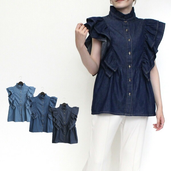 デニムフリルノースリーブブラウス レディース トップス シャツ ブラウス Styleblock スタイルブロック