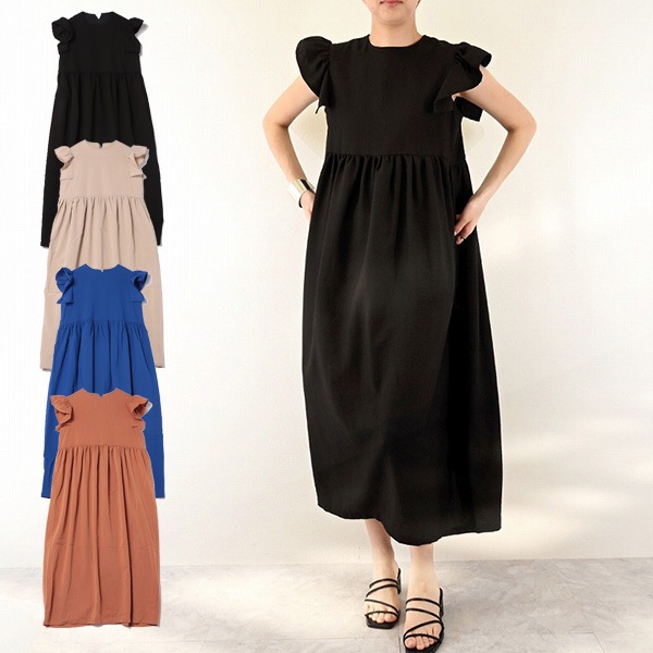 リネンタッチショルダーフリルワンピース | レディース