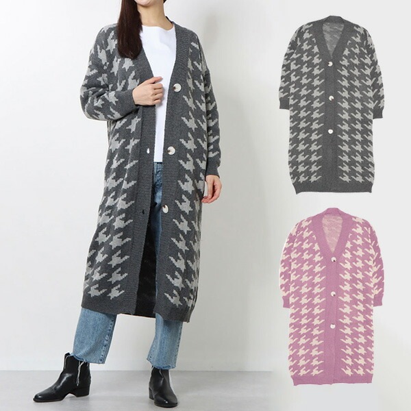 千鳥格子柄ロングニットカーディガン | レディース,トップス