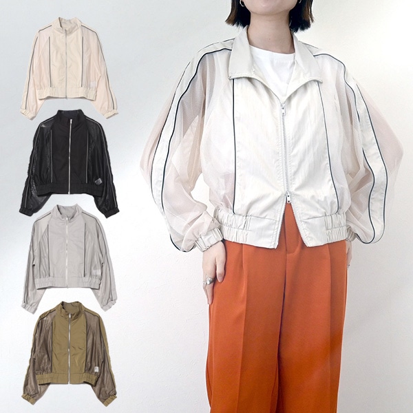タフタ×メッシュ配色パイピングブルゾン | レディース,アウター