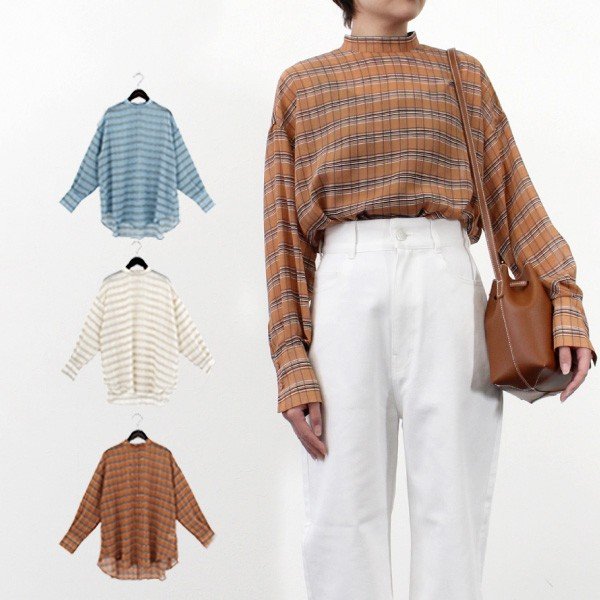 シフォンチェック柄スタンドカラーブラウス レディース トップス シャツ ブラウス Styleblock スタイルブロック
