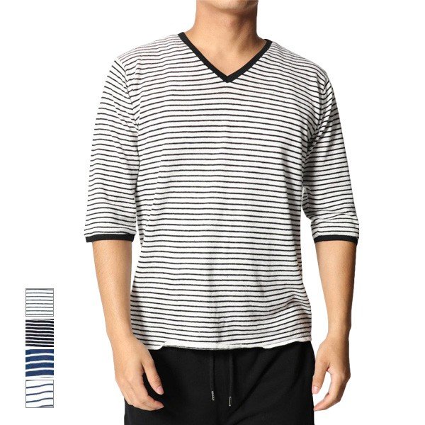 5分袖麻混vネック先染めボーダーカットソー メンズ トップス カットソー Tシャツ Styleblock スタイルブロック
