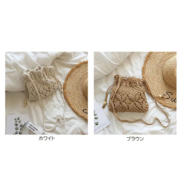 ショルダーバッグ ベージュ/ブラック 竹編み クロシェ編みナチュラルショルダーバッグ | レディース,バッグ