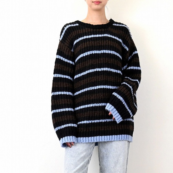 45R ウールリブニットプルオーバー ネイビー ボーダー 洗える】ウールミドルゲージ ボーダー ニット（KRWWSW0555
