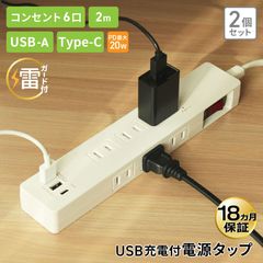 電源タップ USB付 PD20W 急速充電 2m 雷ガード 6個口 2個セット DTP6A1C1W-2X2 STYLED|コンセント6個口〜|電源タップ・USB充電タップ