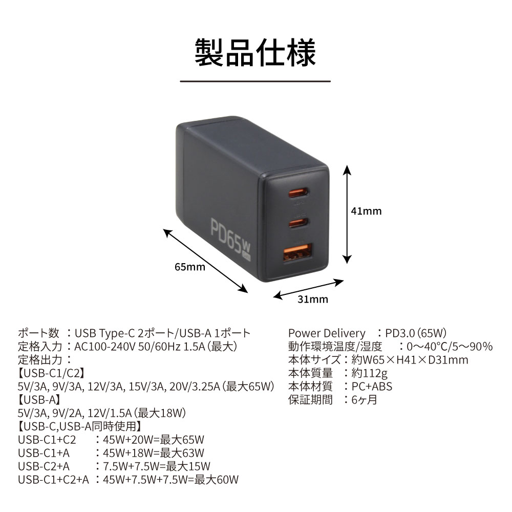 PD65W USB���Ŵ� AC ���Ŵ� USB ��3��C ��2��A ��1�� GaN ����65W PC���� ��®���� ���� �ⲽ���ꥦ�� PSEŬ�� �ޤꤿ���߼��ץ饰 PACCAC2-P65 iPhone Type-C ���ޥ� �Хåƥ꡼ Apple Watch STYLED