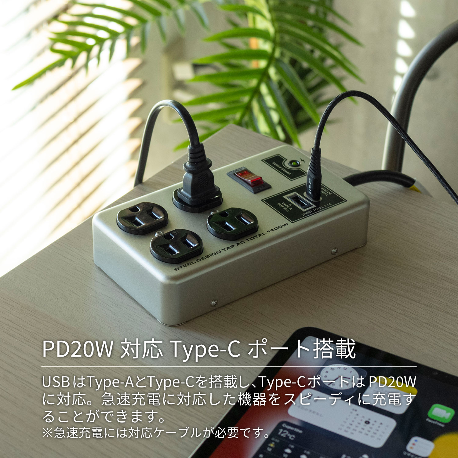 STYLED USB�դ� ���������Ÿ����å� ���󥻥�� 4�ĸ� 4�� USB-A ��®���� PD20W Type-C USB-C 2m | �륬���� �֥졼���� �����󥰥ץ饰 OA���å� ��Ĺ������ ����С� �᥿�� �ɳݤ��եå��� 3�ԥ��б� ��祹���å� �����å��� �������� PSTTP4A1C1-2