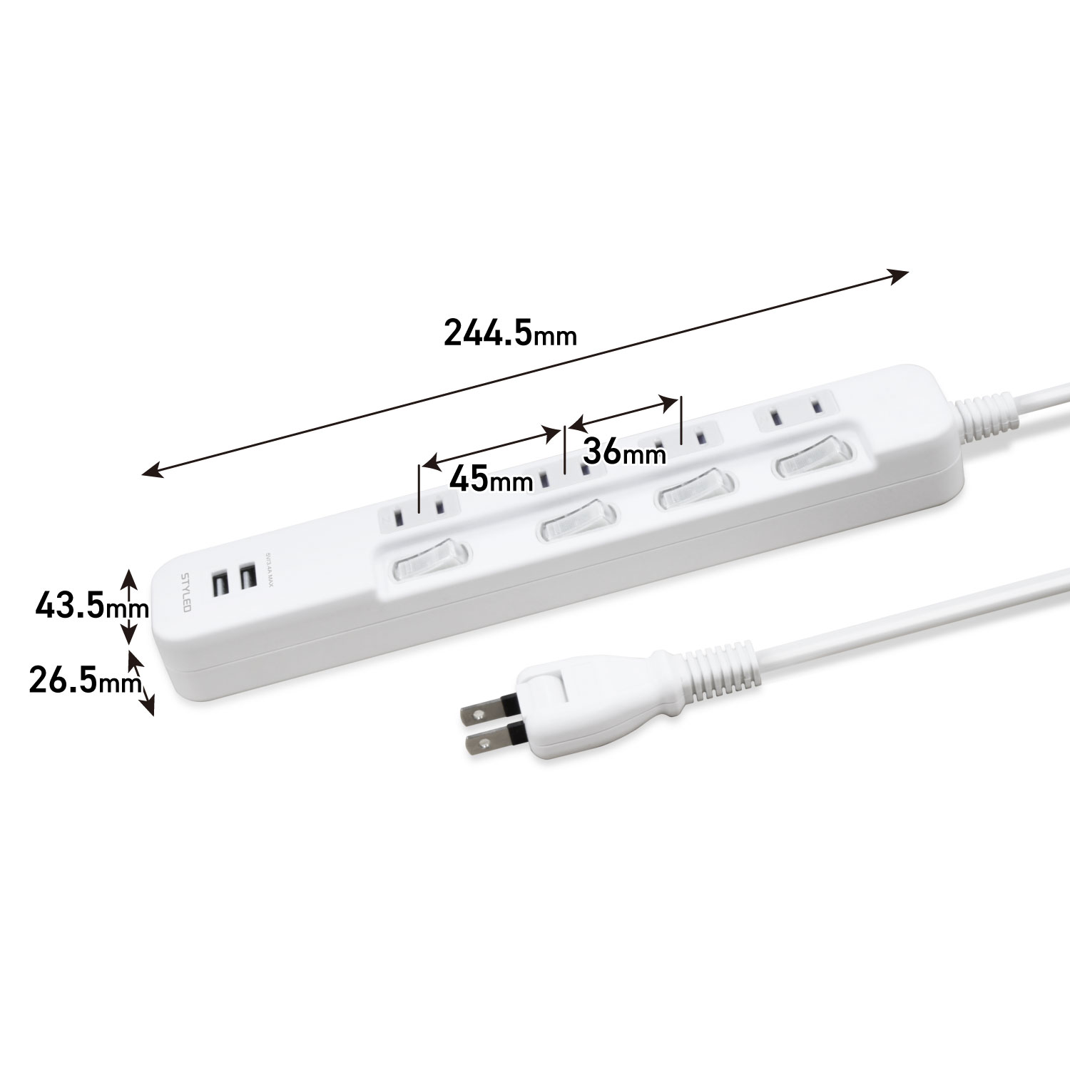 �Ÿ����å� 2�ĥ��å� USB��2�ݡ���3.4A 2m 4AC 2USB LTP42WH34-2X2 STYLED