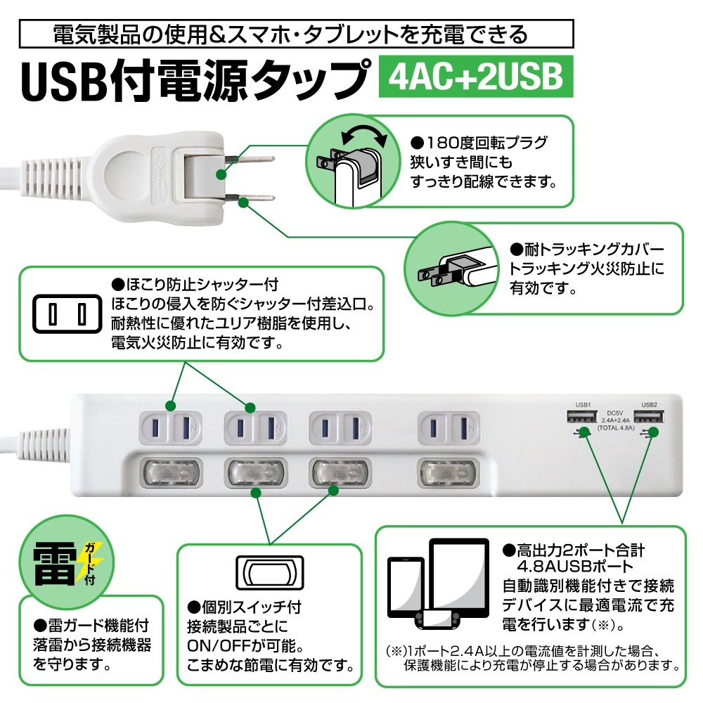 �Ÿ����å� USB�ա�2m��4.8A �륬���� 4�ĸ���2�ĥ��åȡ�PTP4U2-48A2��STYLED