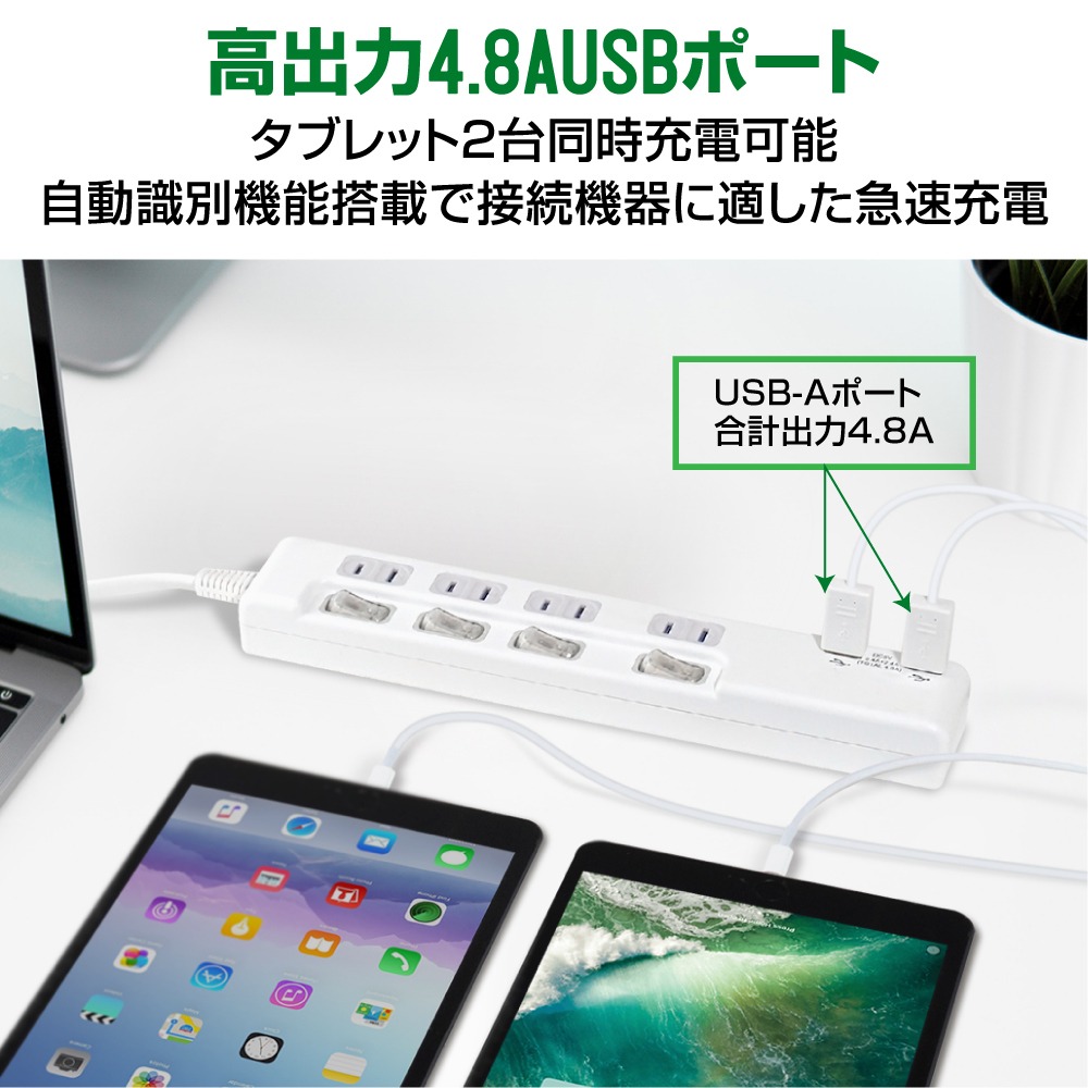 �Ÿ����å� USB�ա�2m��4.8A �륬���� 4�ĸ���2�ĥ��åȡ�PTP4U2-48A2��STYLED