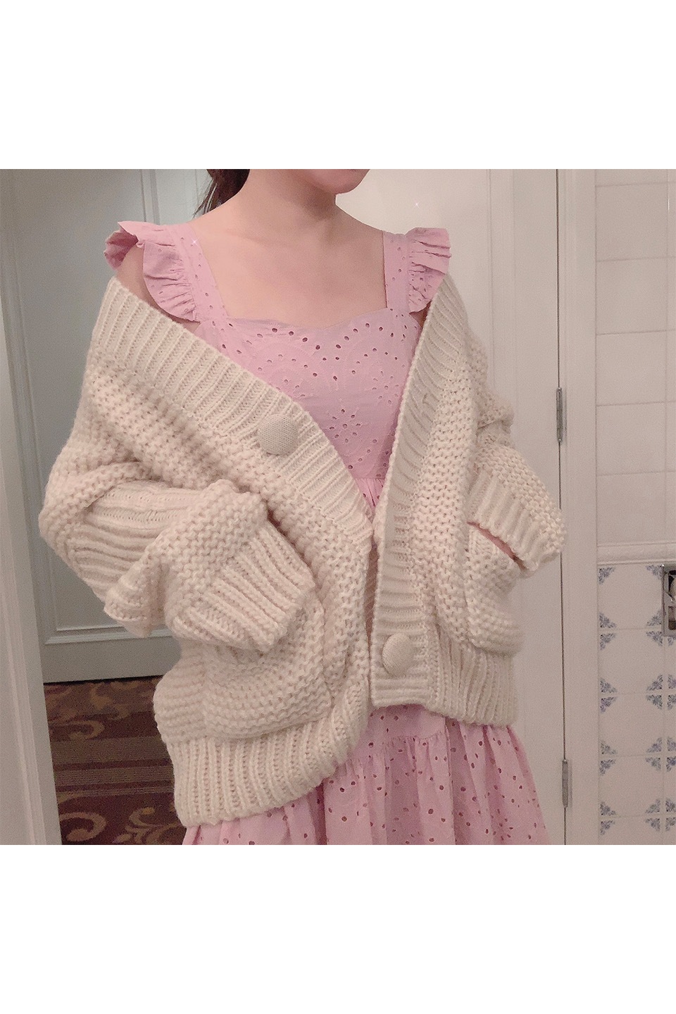 スカラップ刺繍マキシ丈フリルキャミワンピース