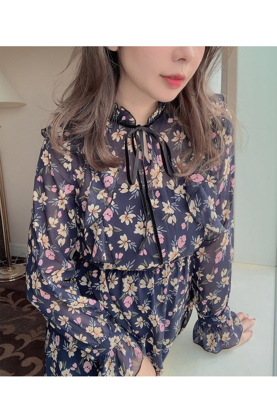 ハイウエストリボン付き花柄フレアワンピース