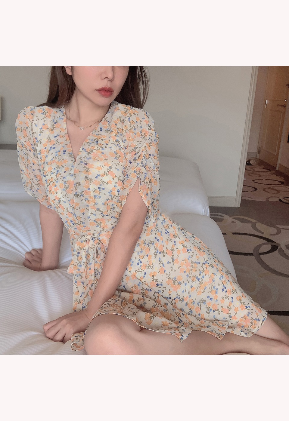 カシュクール花柄ハイウエストリボンワンピース