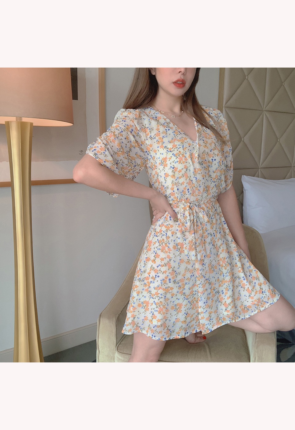 カシュクール花柄ハイウエストリボンワンピース
