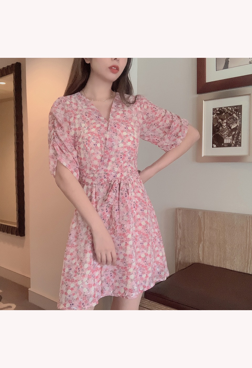 カシュクール花柄ハイウエストリボンワンピース