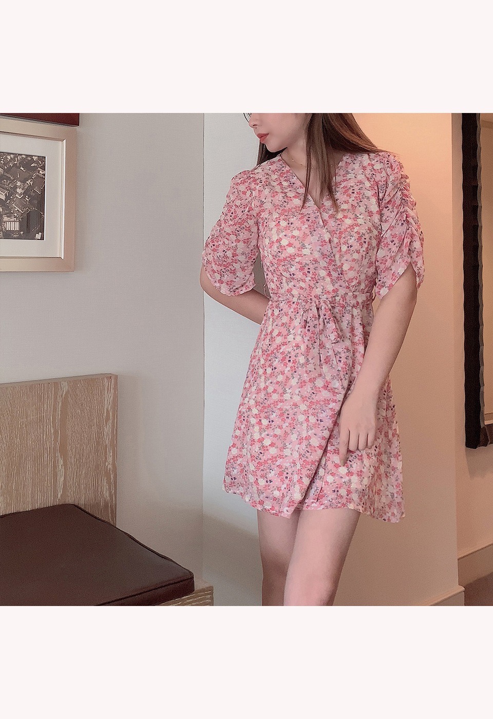 カシュクール花柄ハイウエストリボンワンピース
