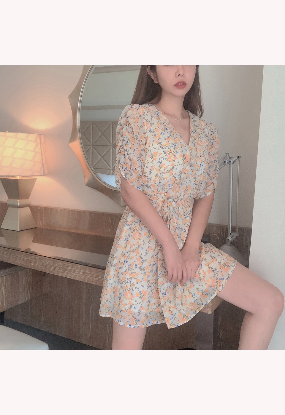 カシュクール花柄ハイウエストリボンワンピース