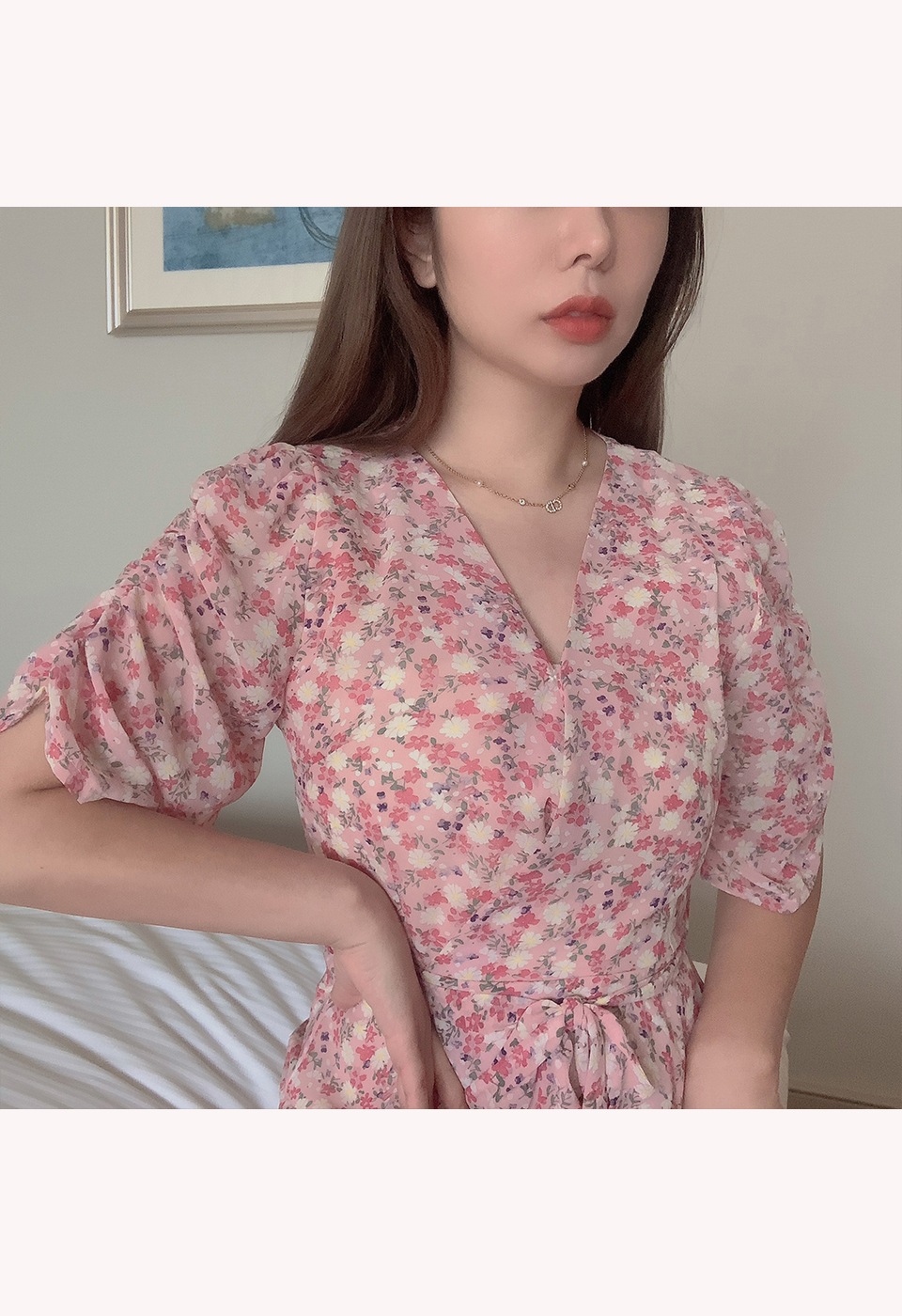 カシュクール花柄ハイウエストリボンワンピース