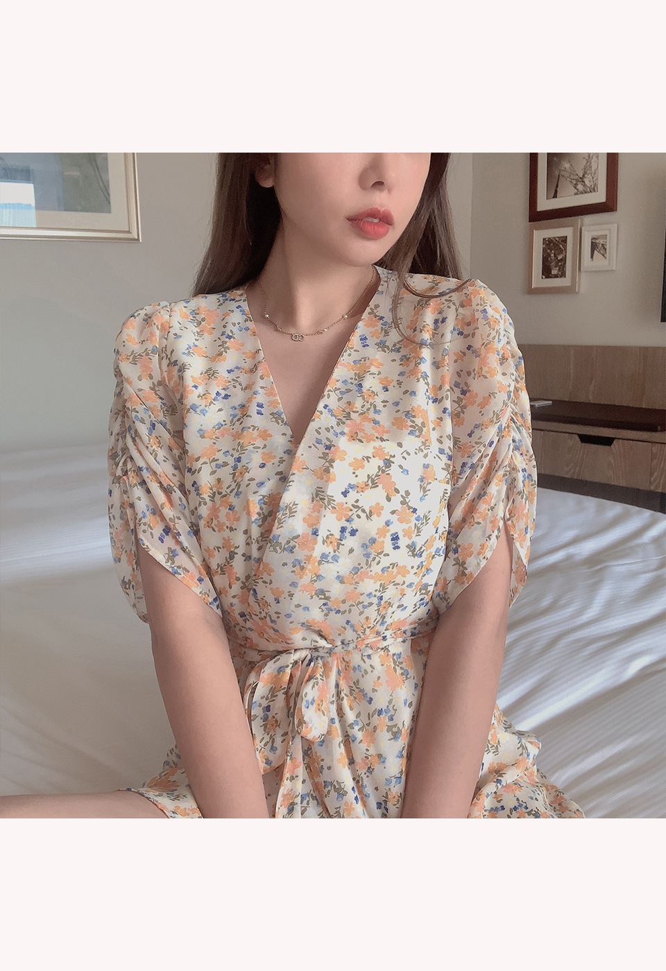 カシュクール花柄ハイウエストリボンワンピース