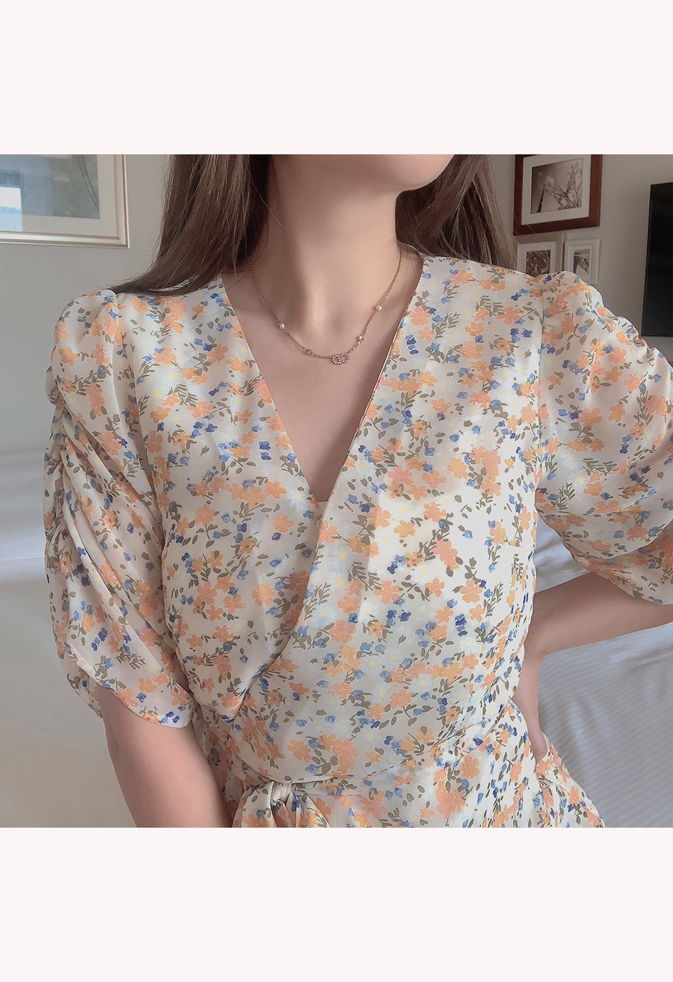 カシュクール花柄ハイウエストリボンワンピース